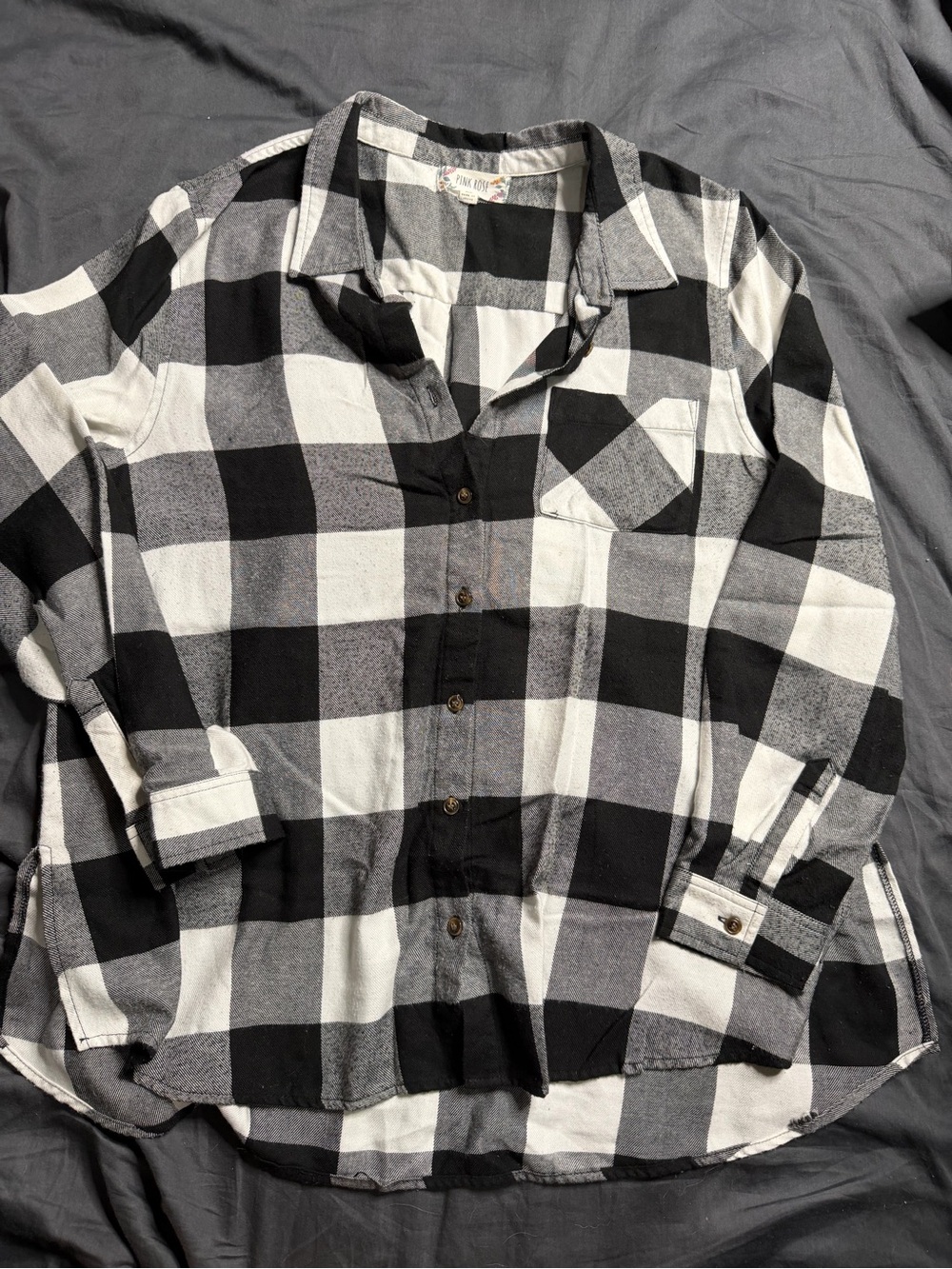 Pink Rose Black and White Buffalo Plaid Button-Down Shirt